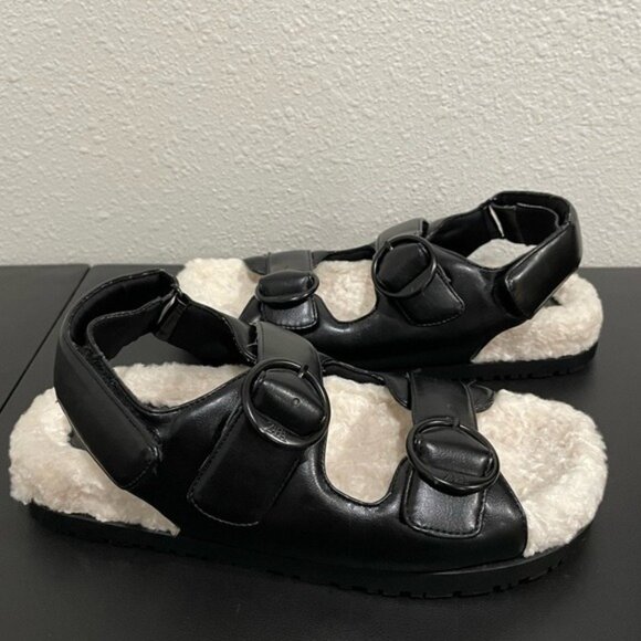 Zara Faux Leather Sherpa Buckle Sandals Chic Cozy Neutral Chunky Black White - Picture 4 of 12